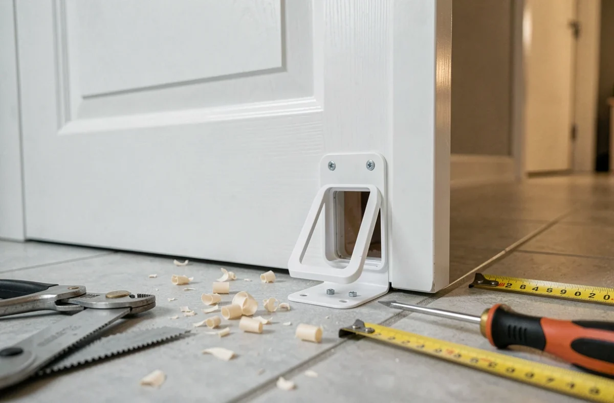 Chatière en cours d'installation dans une porte PVC blanche avec outils de menuisier au sol