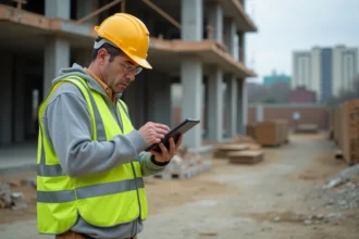 Chef de chantier consultant des informations de sécurité sur une tablette numérique depuis un chantier de construction en plein air