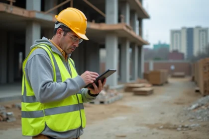 Chef de chantier consultant des informations de sécurité sur une tablette numérique depuis un chantier de construction en plein air