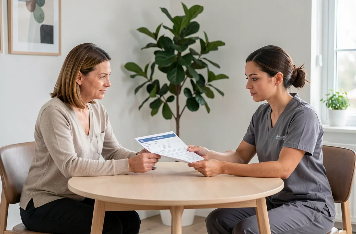 Cliente et femme de ménage examinant ensemble un formulaire d'évaluation de service à domicile autour d'une table