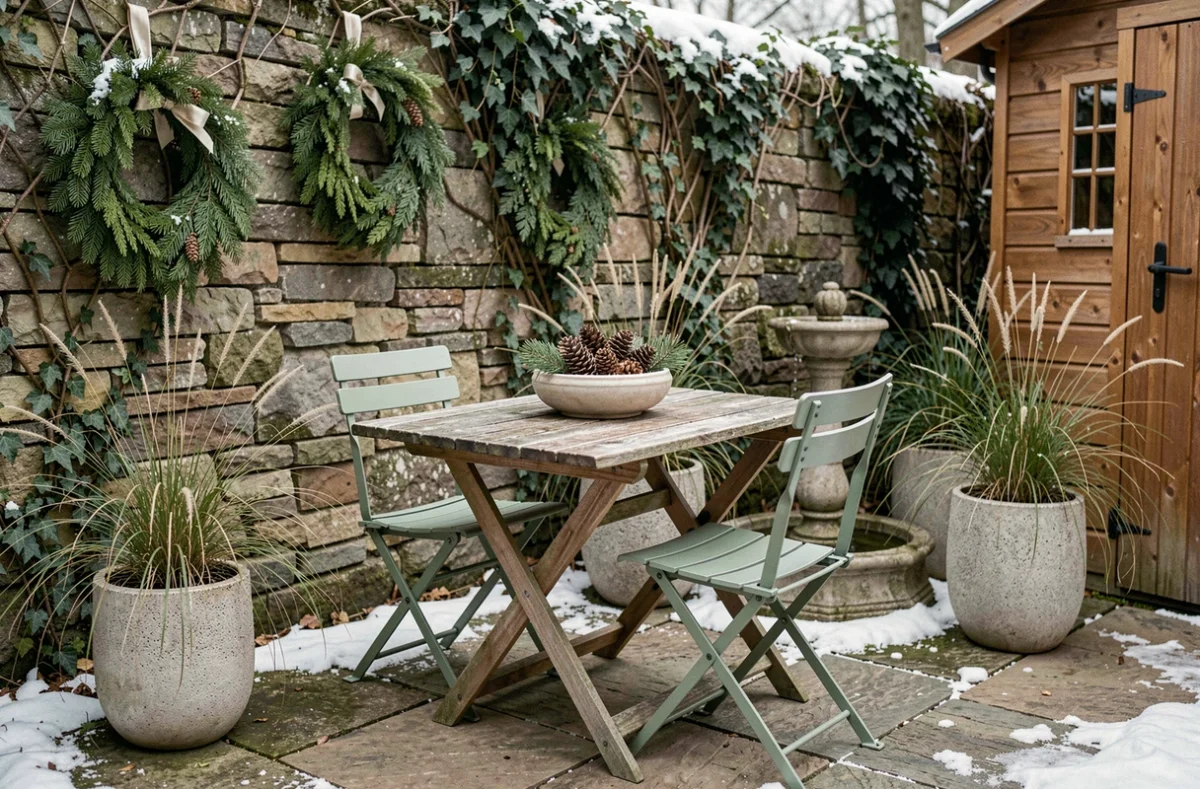 Coin jardin décoratif en hiver avec mobilier en bois, plantes persistantes et éléments ornementaux pour une décoration extérieure toute l'année