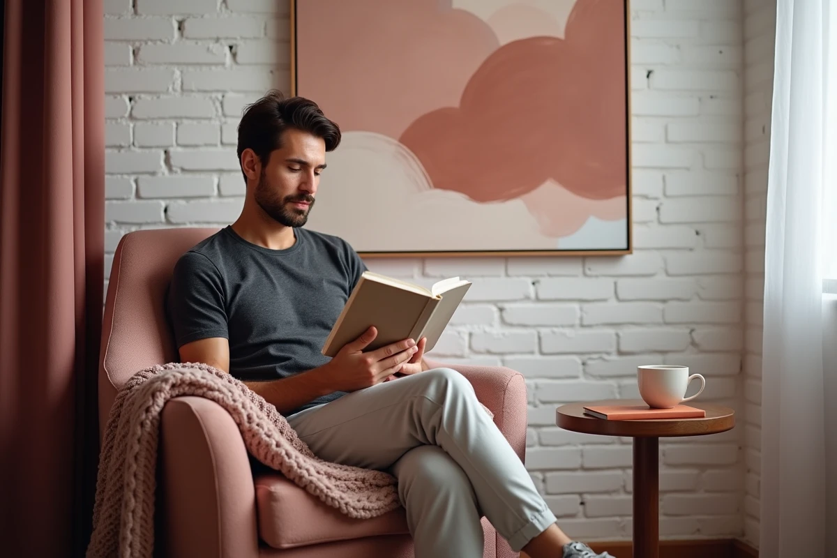 Coin lecture chambre adulte en mauve et terracotta avec homme assis dans un fauteuil bouclé lisant un livre