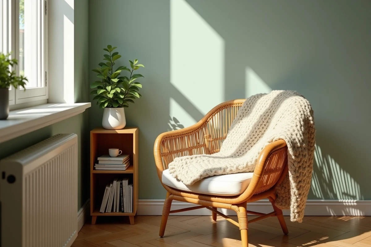Coin lecture cosy avec fauteuil en rotin et plaid tricoté dans un bureau maison aux murs vert sauge, décoration intérieure apaisante