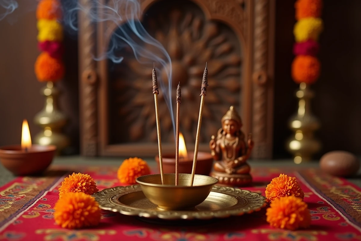 Coin de puja indien avec bâtonnets d'encens agarbatti en laiton, fleurs de souci et diya dans un décor traditionnel hindou
