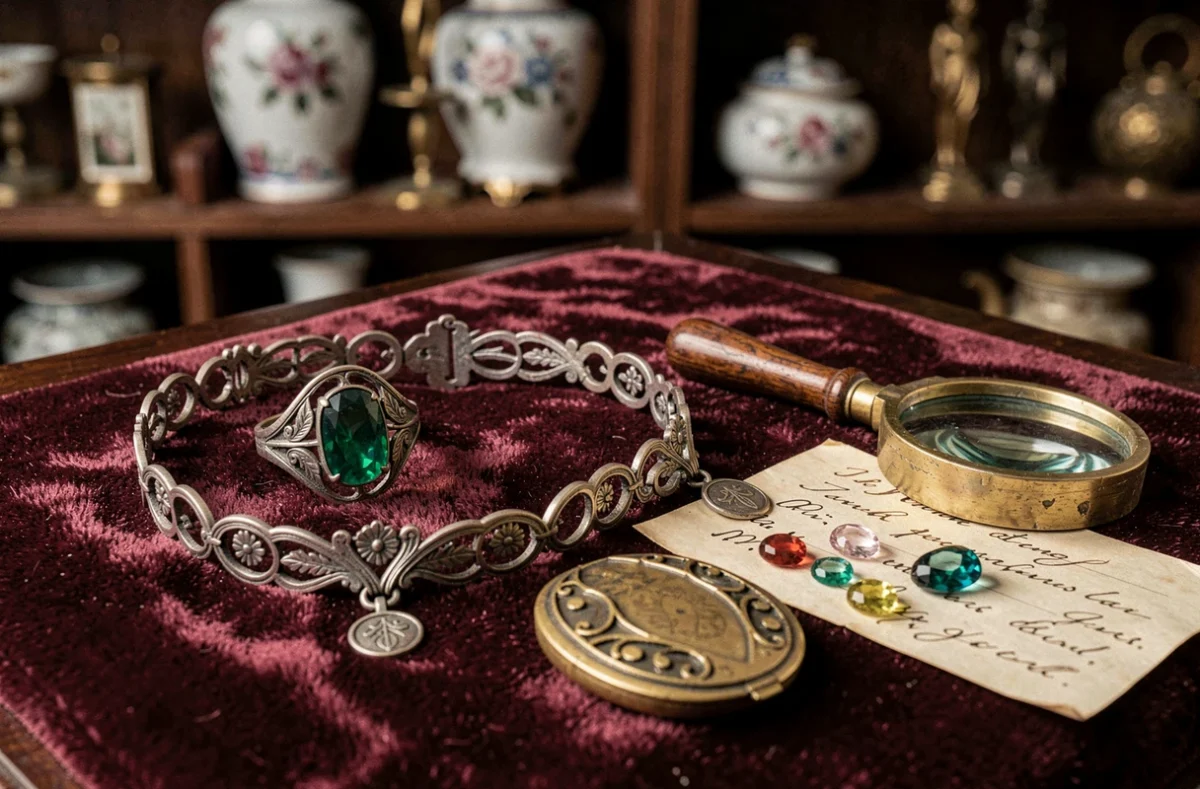 Collection de bijoux anciens sur velours bordeaux avec loupe de bijoutier et carte d'estimation manuscrite