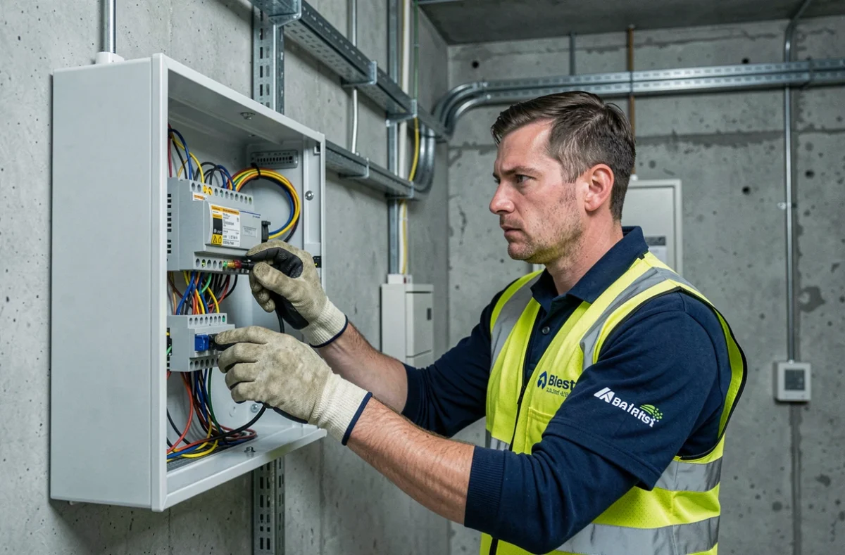 Électricien de COM électricien Brest câblant le panneau électrique d'un climatiseur commercial dans un immeuble de bureaux