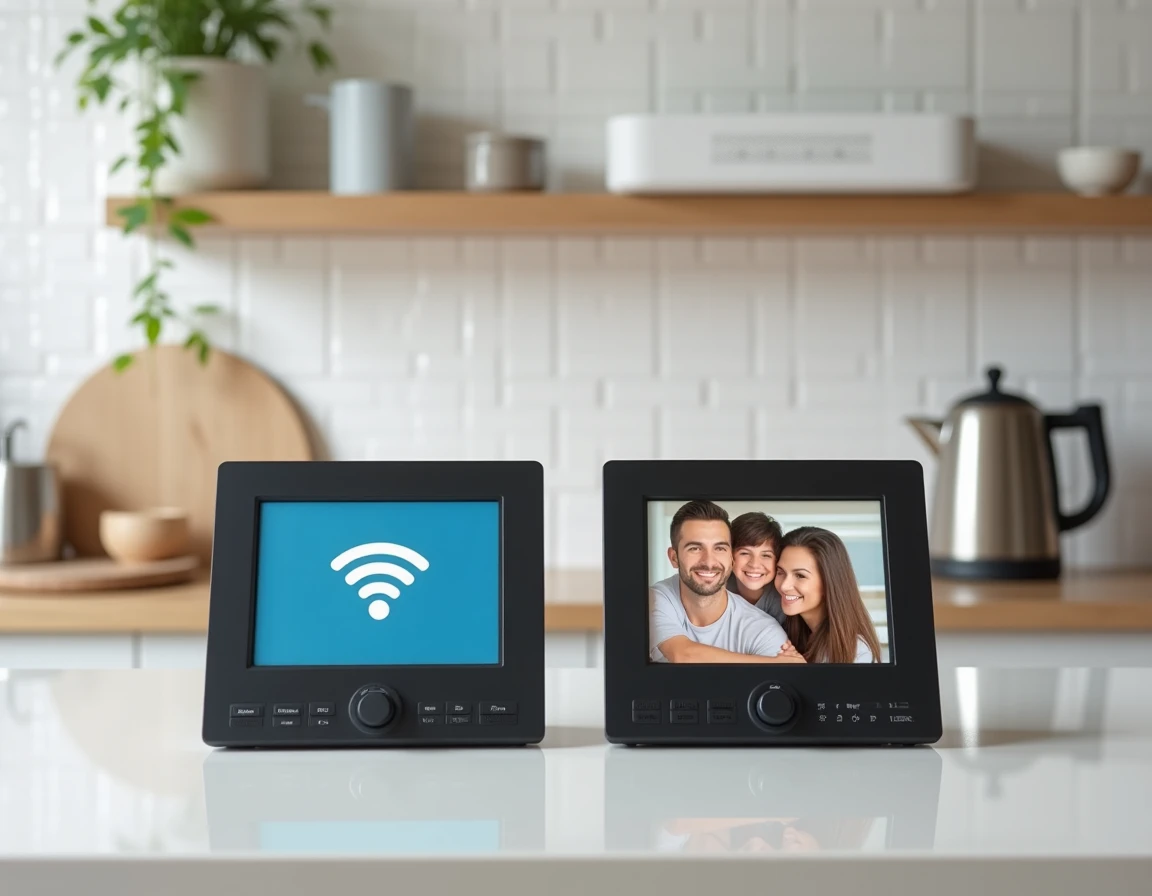 Comparaison de deux cadres photo numériques sur un plan de travail de cuisine, un avec configuration wifi
