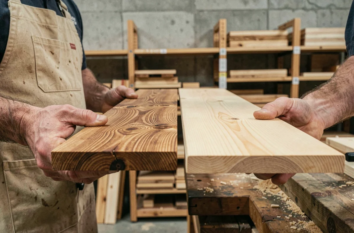 Artisan comparant deux planches de parquet massif en pin dans un showroom de matériaux