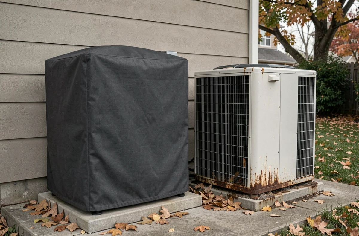 Comparaison côte à côte d'une pompe à chaleur avec et sans housse de protection en automne