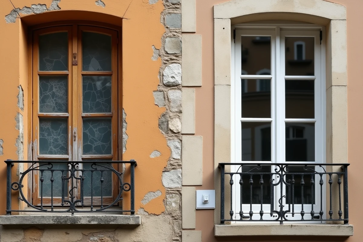 Comparaison façade immeuble ancien avec fenêtre simple vitrage et nouvelle fenêtre double vitrage PVC