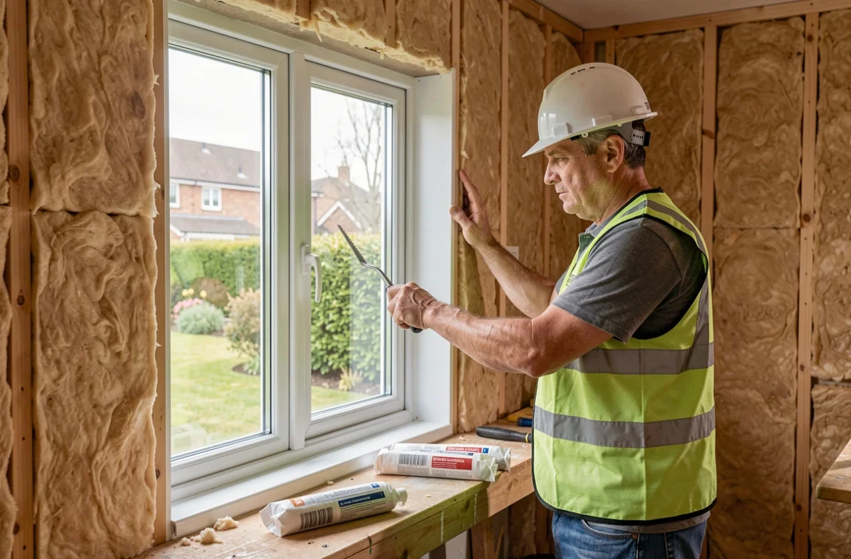 Spécialiste en isolation examinant une fenêtre double vitrage nouvellement installée dans une maison en rénovation thermique