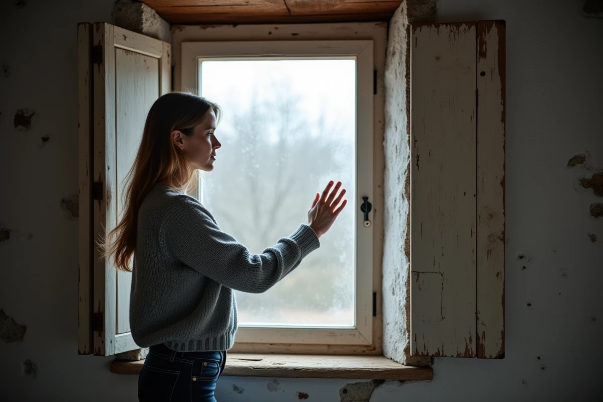 Femme touchant une vitre ancienne condensée dans une vieille maison de campagne française