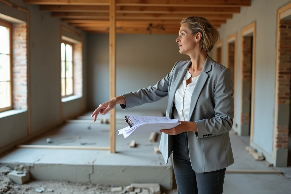 Femme conductrice de travaux consultant un devis de prix au m² devant un plancher poutrelle hourdis en construction