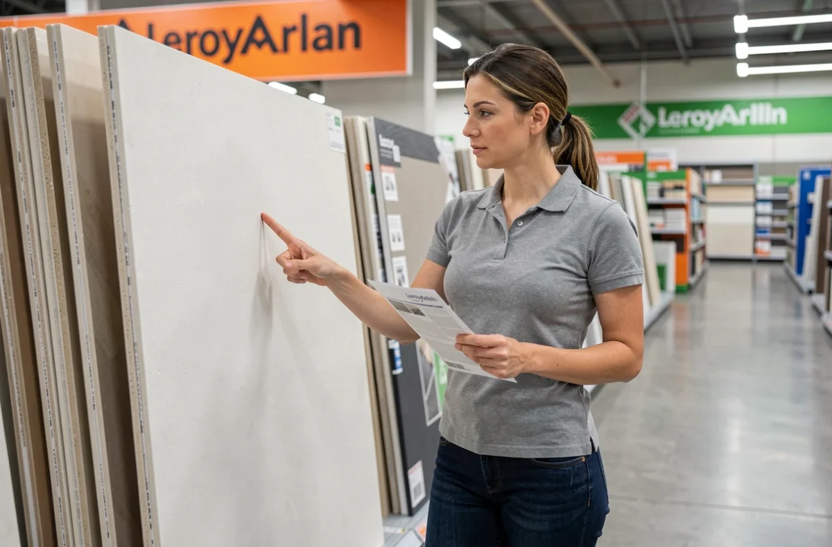 Conseillère en rénovation examinant un placo isolé en rayon dans un magasin Leroy Merlin
