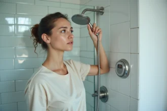 Femme ajustant la pomme de douche dans une salle de bain moderne avec compteur d'eau visible, illustrant la gestion de la consommation d'eau en location