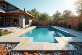 Jardin moderne en construction avec piscine partiellement construite