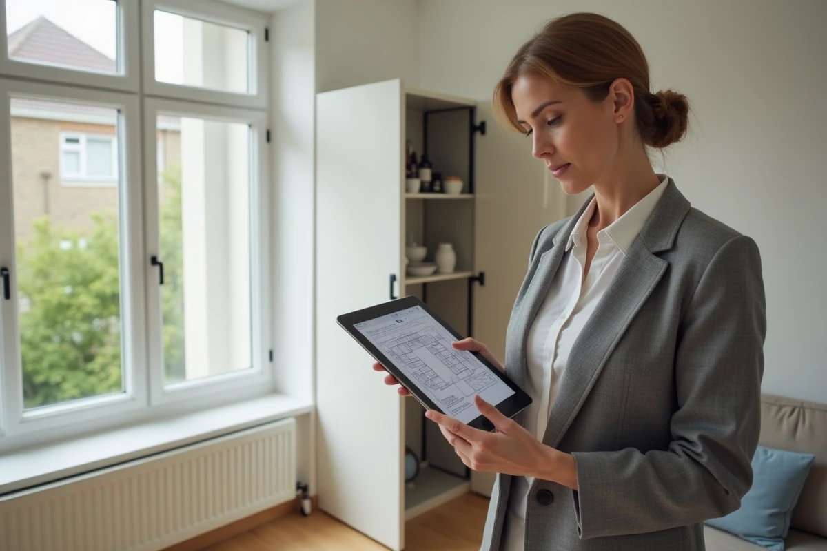 Femme consultant un plan électrique sur tablette dans un appartement avec tableau de distribution visible