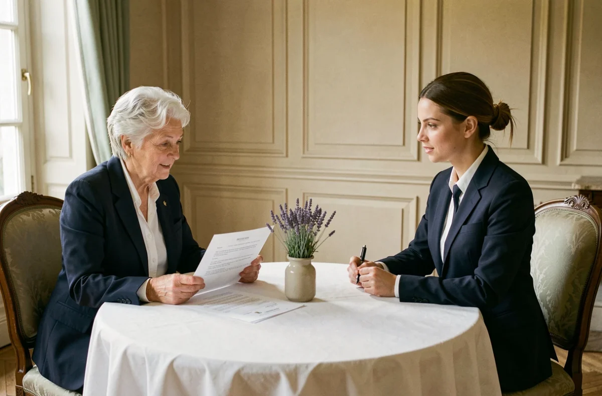Signature d'un contrat de service entre une aide ménagère et une cliente âgée à Versailles
