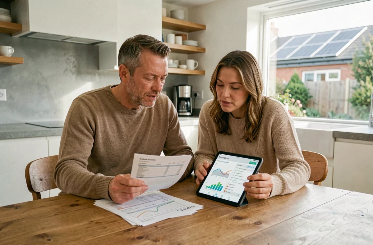Couple étudiant les économies d'énergie combinant pompe à chaleur et panneaux solaires à domicile