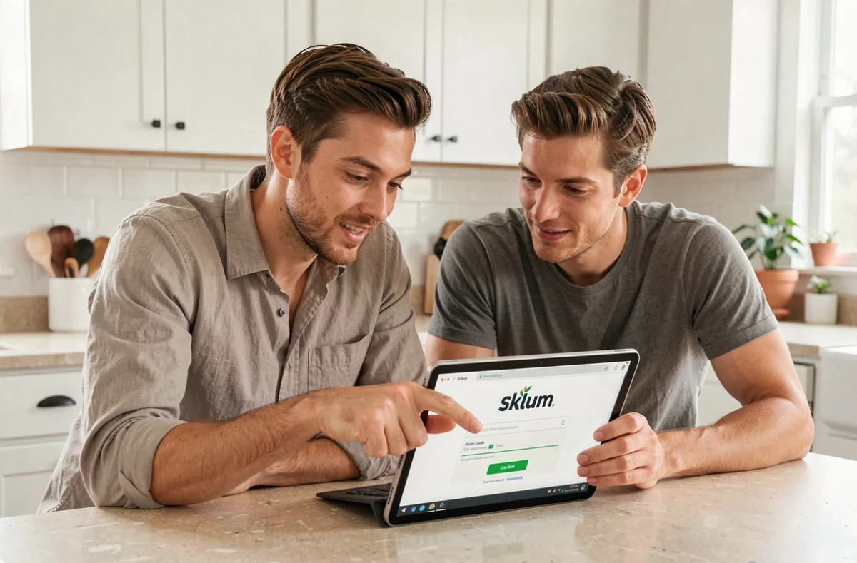 Couple utilisant une tablette pour appliquer correctement un code promo Sklum lors de leur commande en ligne de mobilier