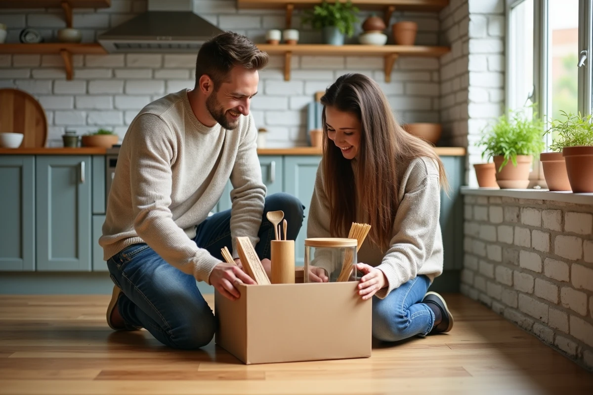 Couple installant des accessoires écoresponsables dans une cuisine aménagée avec des matériaux durables