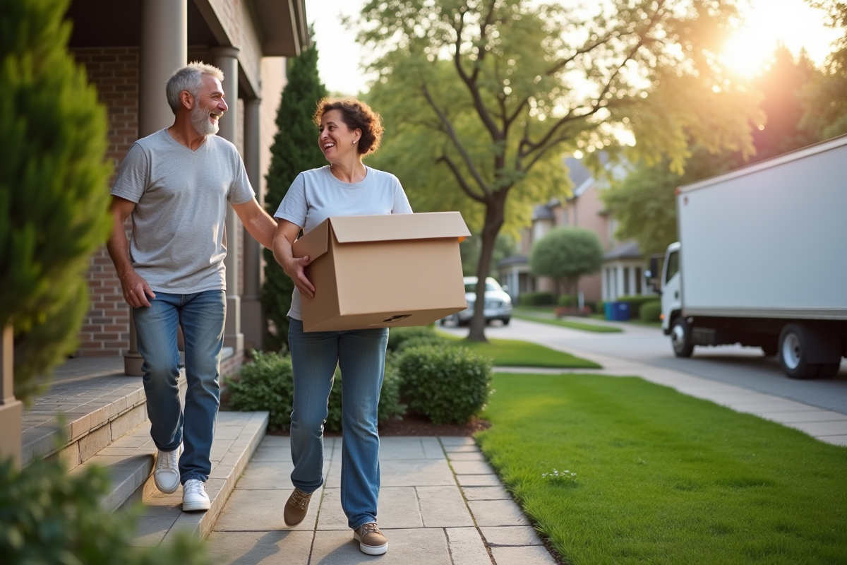 Couple souriant portant une box devant une maison de banlieue
