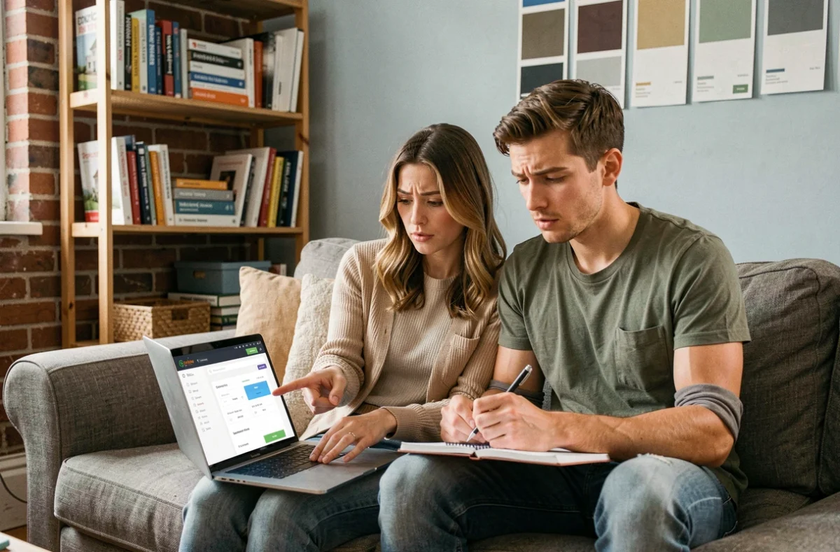 Un jeune couple examine des devis de travaux sur un ordinateur portable dans leur appartement en cours de rénovation
