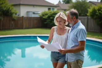 Couple devant piscine hors sol dans leur jardin en été