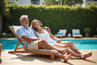 Couple détendu sur terrasse en bois près de la piscine