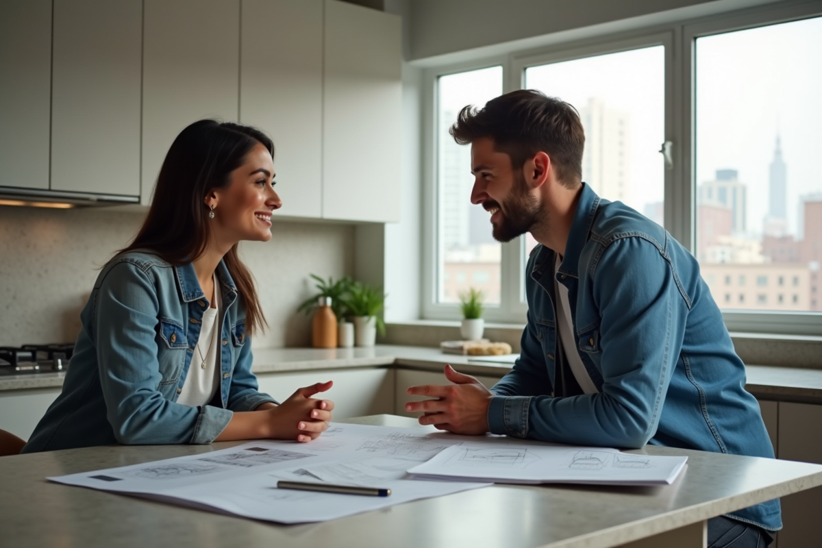 Jeune couple discutant de plans de rénovation cuisine