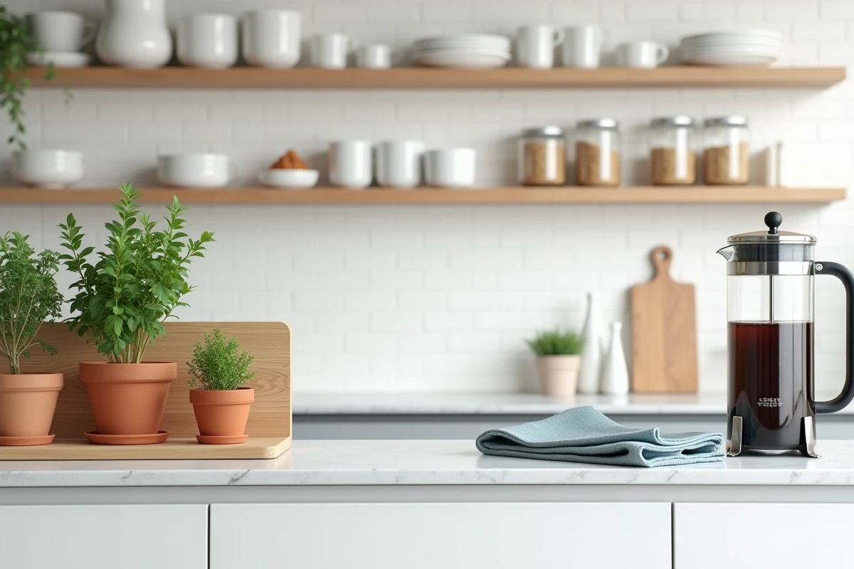 Plan de travail de cuisine organisé avec herbes aromatiques en terracotta, planche en marbre et étagères ceramique blanches, intérieur maison rangé