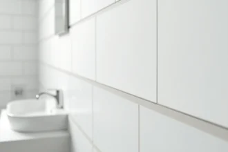Dalle murale PVC blanche installée dans une salle de bain moderne avec détail des joints et de la couche imperméable