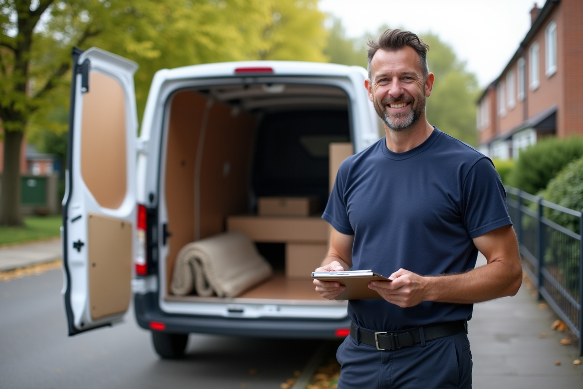 Déménageur souriant à côté d'une camionnette blanche en milieu résidentiel