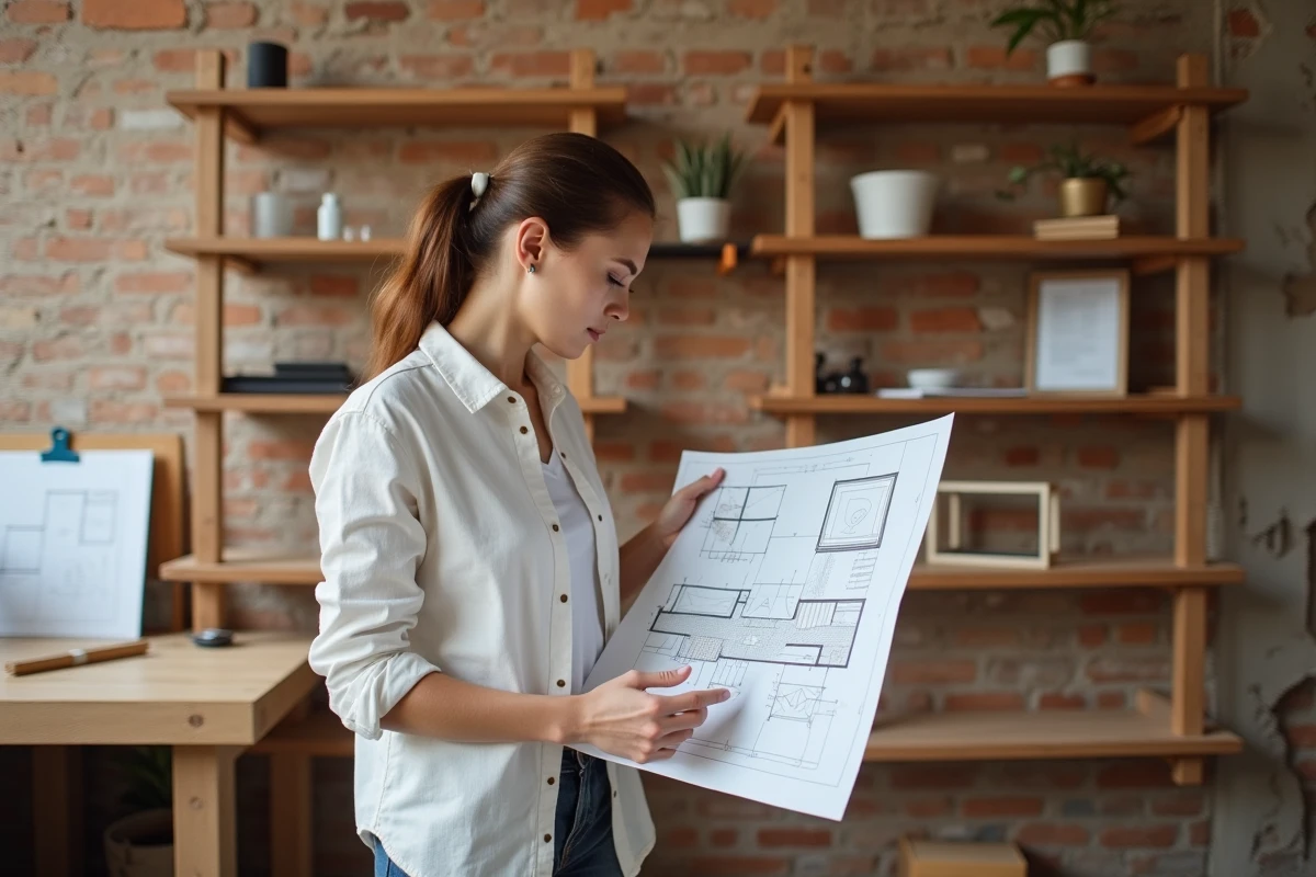 Designer vérifiant les plans d'un meuble en bois sur mesure installé dans un atelier de conception