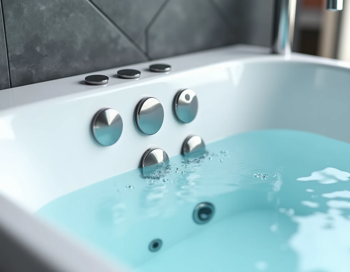 Gros plan sur les buses de jets d'une baignoire balnéo rectangulaire en acrylique blanc avec détails chromés