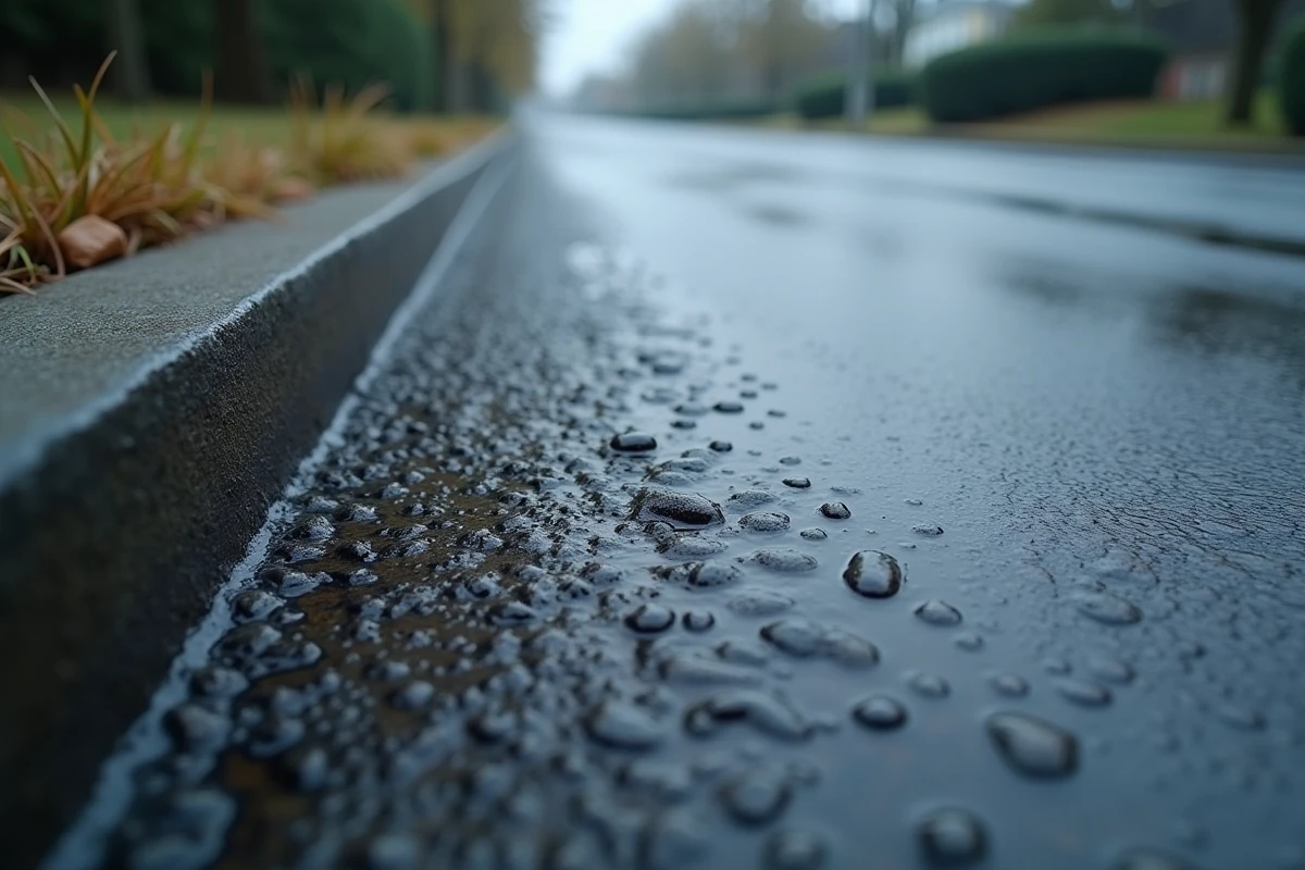 Gros plan sur enrobé drainant sous la pluie montrant la perméabilité de la surface sans flaques d'eau