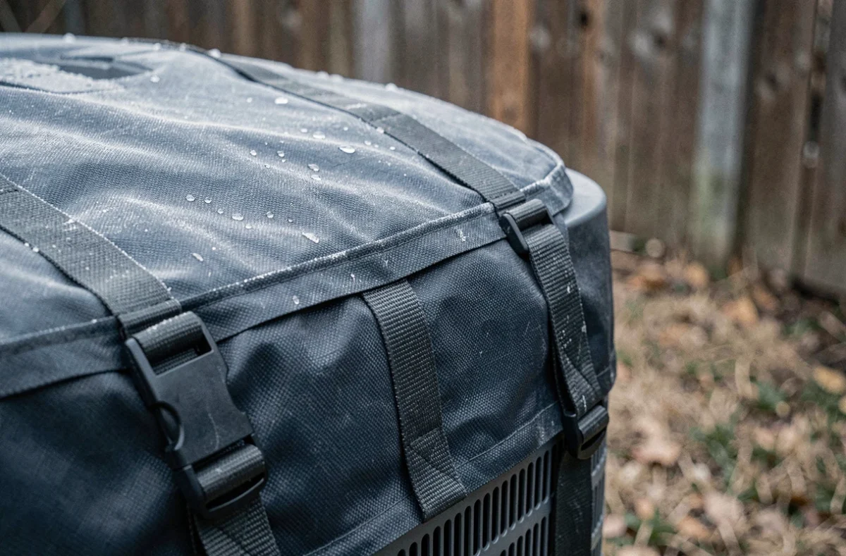 Détail d'une housse imperméable fixée sur une pompe à chaleur avec sangles et coutures renforcées