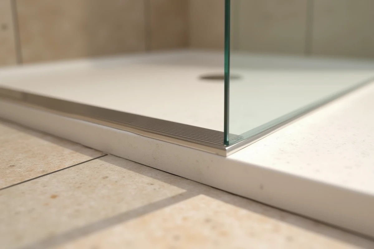 Détail du raccord entre un receveur de douche extra plat et le carrelage du sol avec joint silicone et caniveau linéaire