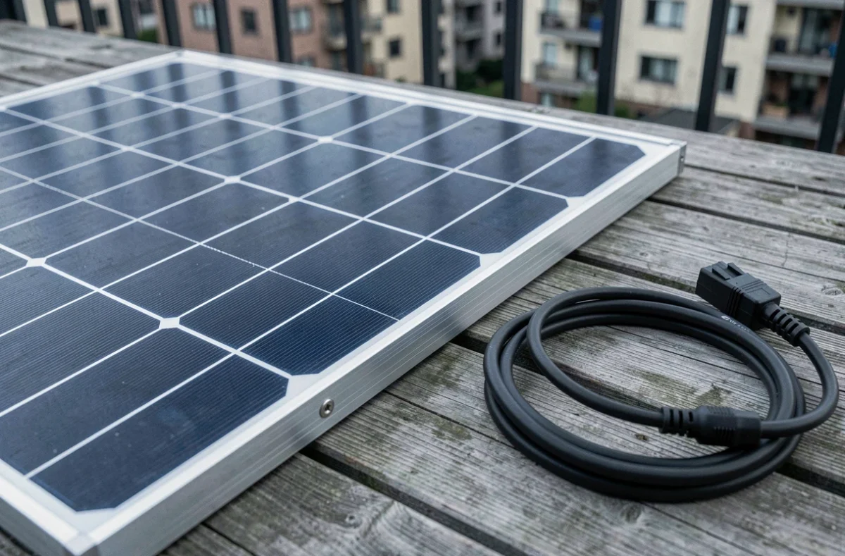 Détail des cellules photovoltaïques et connecteur MC4 d'un panneau solaire Beem sur un balcon