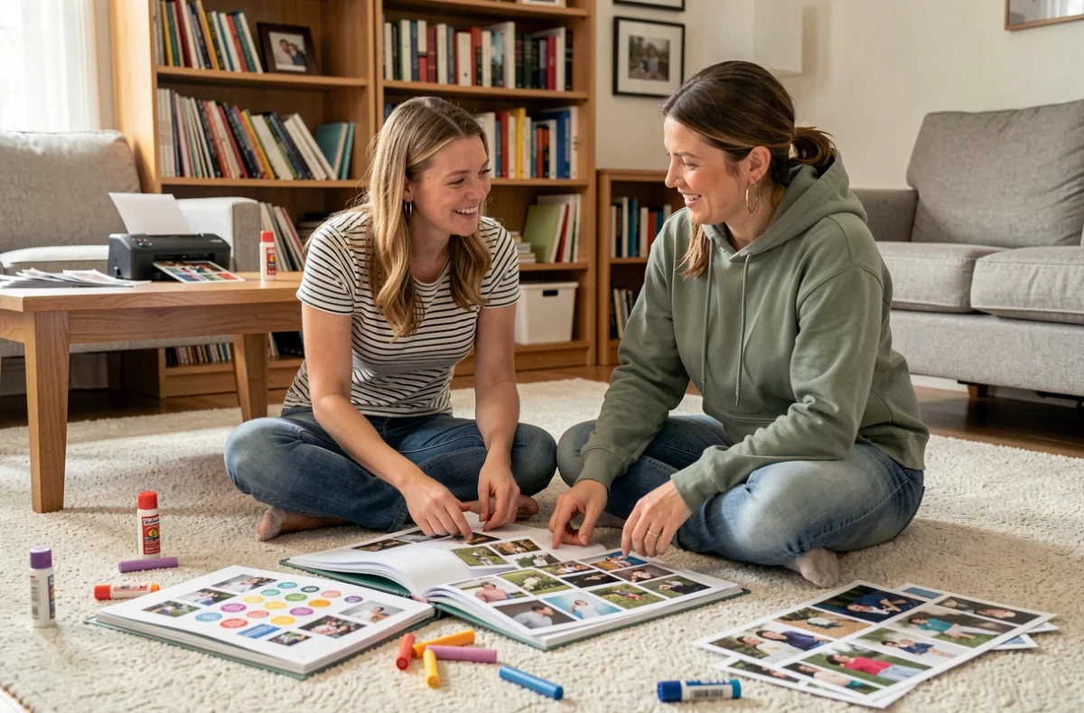 Deux femmes collaborant sur un album scrapbooking avec des photos imprimées étalées sur le sol du salon, imprimante portable sur la table