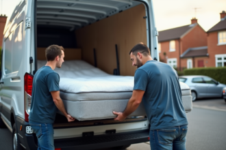 Deux hommes déplacent un matelas dans une camionnette blanche
