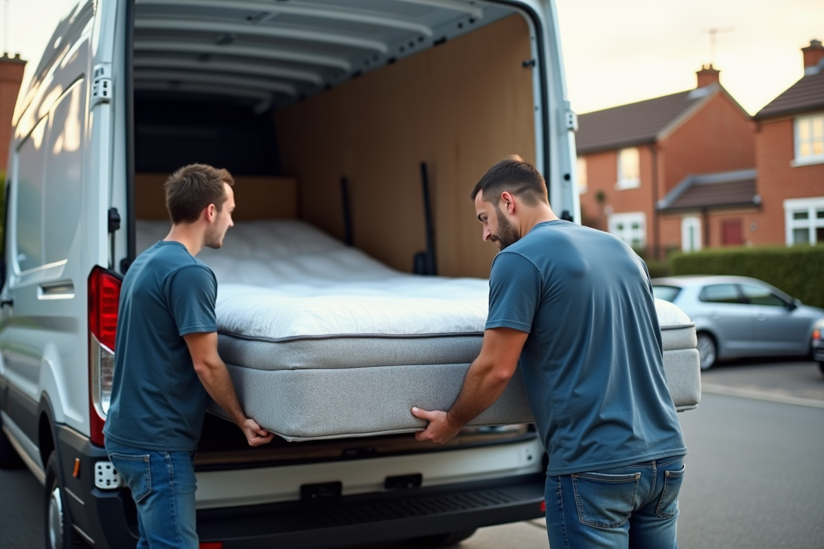 Deux hommes déplacent un matelas dans une camionnette blanche