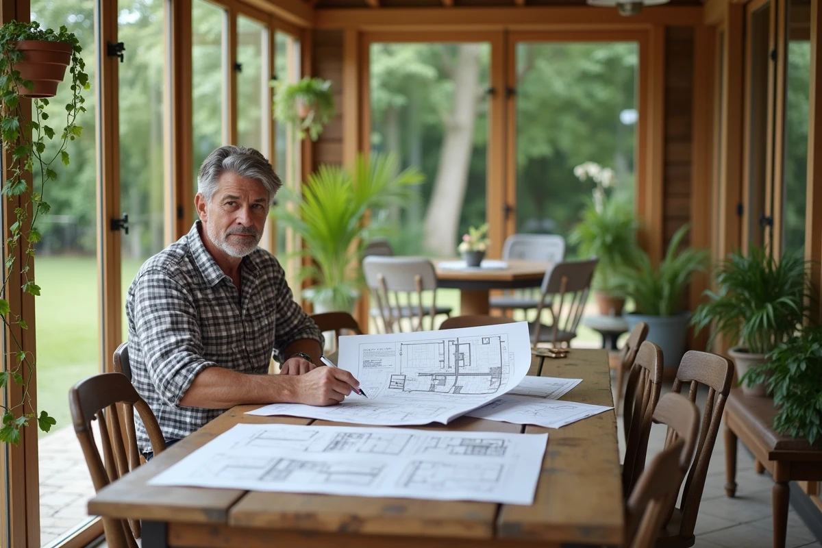 Homme étudiant des plans et devis de véranda à une table en bois à l'intérieur d'une extension vitrée spacieuse