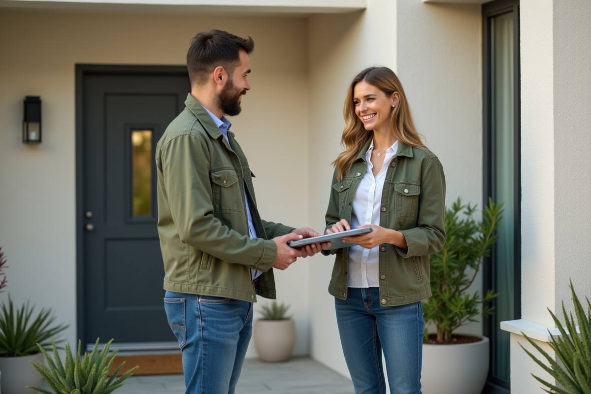 Femme souriante discutant avec un professionnel devant maison propre