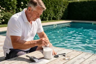 Homme dosant des granulés de chlore choc dans une tasse graduée au bord d'une piscine extérieure
