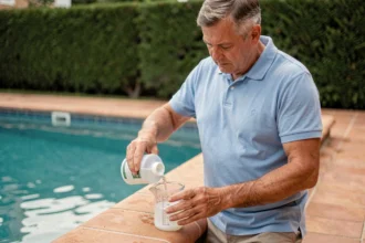Homme dosant de la javel dans un verre mesureur au bord d'une piscine résidentielle pour traitement de l'eau