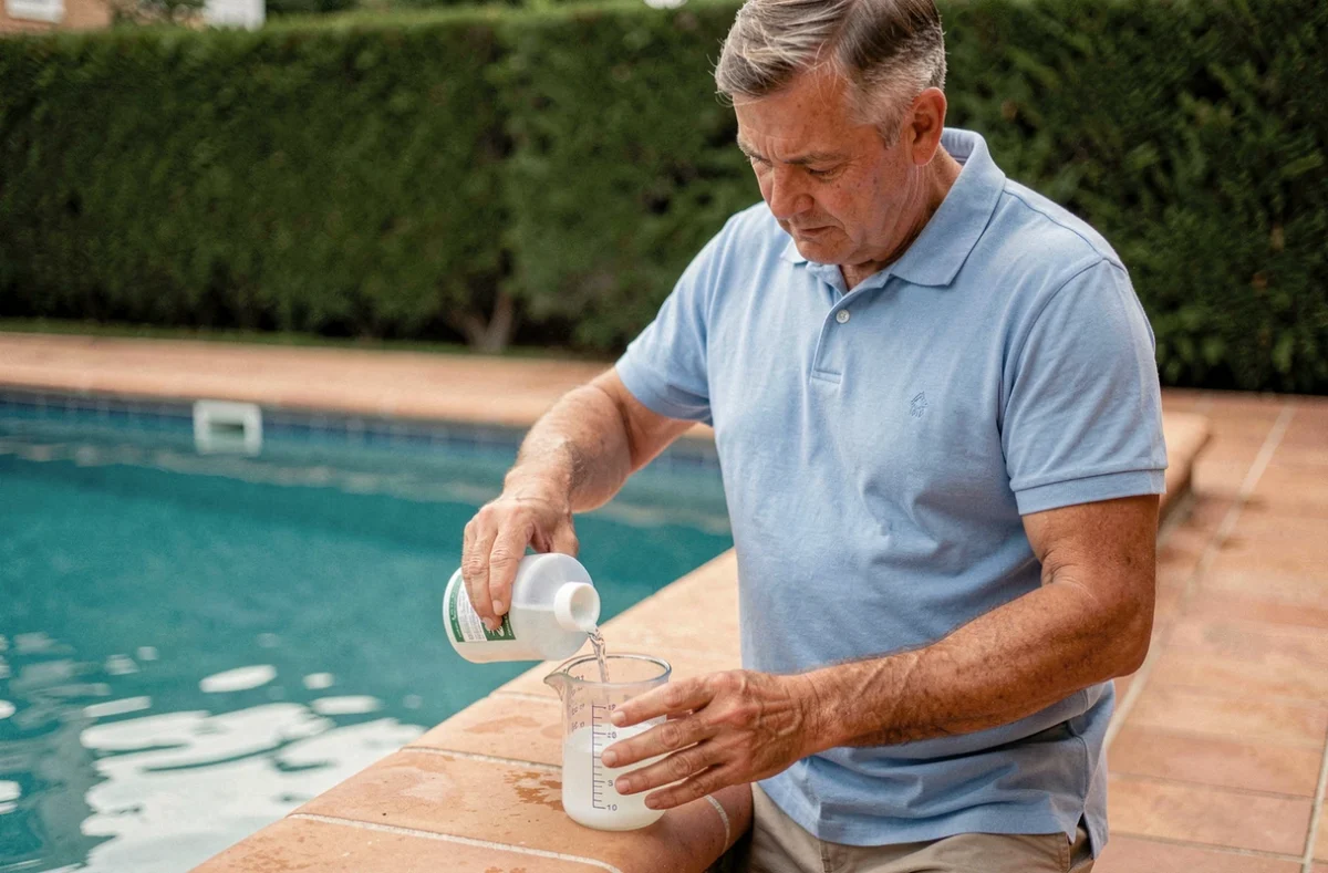 Homme dosant de la javel dans un verre mesureur au bord d'une piscine résidentielle pour traitement de l'eau