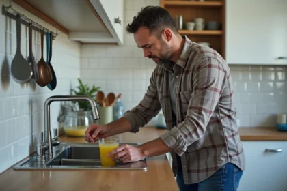 Homme regardant un verre d'eau du robinet dans la cuisine
