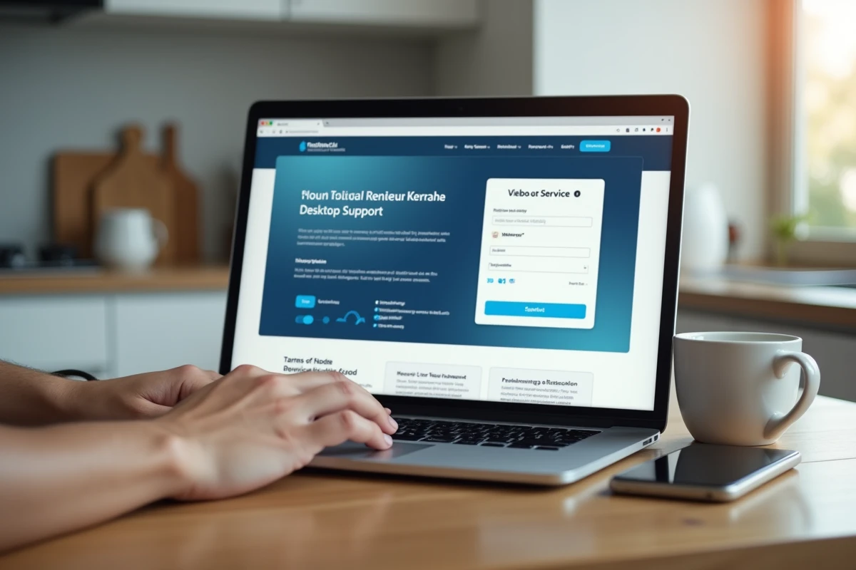 Écran d'ordinateur affichant un site de dépannage informatique en ligne avec vérification des avis et conditions d'utilisation