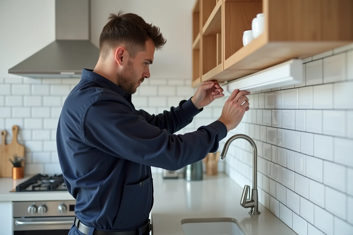 Électricien installant une goulotte en plastique blanc décorative dans une cuisine rénovée avec carrelage métro